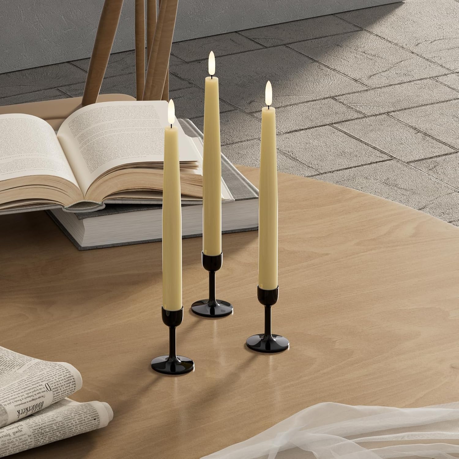 Genswin Flameless Taper Candles Led Battery Operated Remote Timer Ivory | Candle Sticks, Real Wax, Led Candlesticks, Christmas Wedding Party Home Decor, 3 Pack, 0.78 X 9.84 In