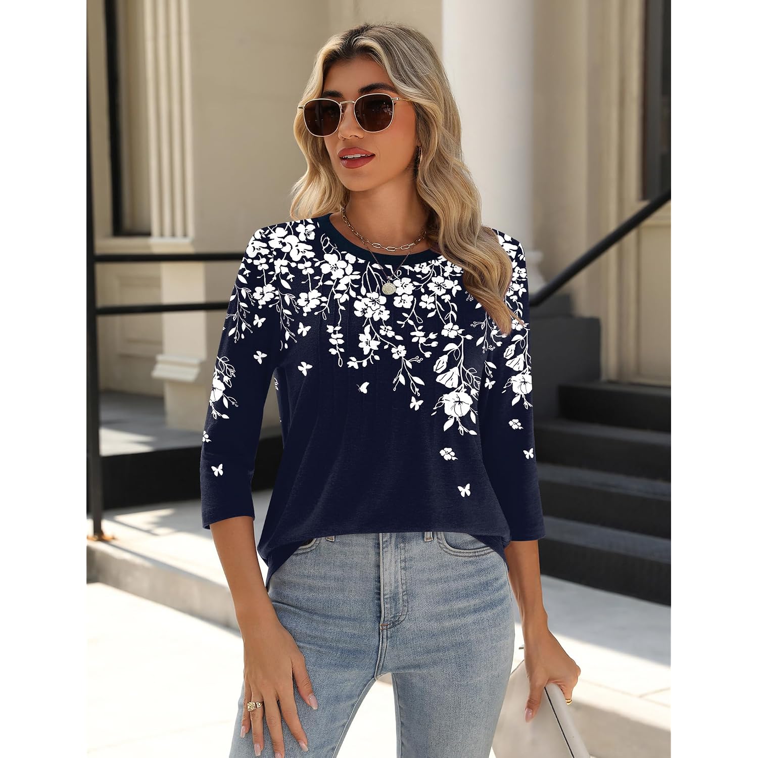 Zeagoo 3/4 Length Sleeve Womens Tops Crew Neck Loose Fit Shirts Pleated Cute Clothes Dressy Casual 2026 Summer Tunics