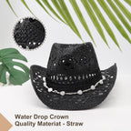 DRESHOW Straw Cowboy Cowgirl Hat for Women Men Western Coastal Cowboy Beach Hat with Shapeable Brim Unisex Rolled up Caps 1 Pack Hollowed Pattern: Black