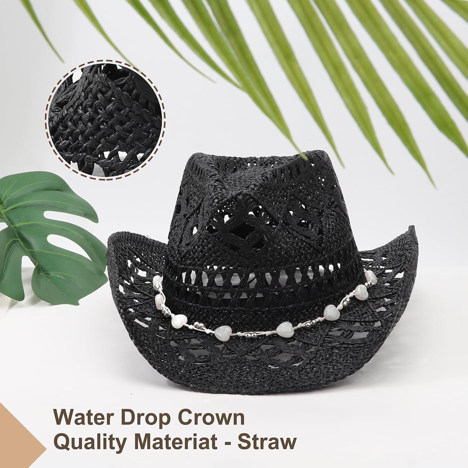 DRESHOW Straw Cowboy Cowgirl Hat for Women Men Western Coastal Cowboy Beach Hat with Shapeable Brim Unisex Rolled up Caps 1 Pack Hollowed Pattern: Black
