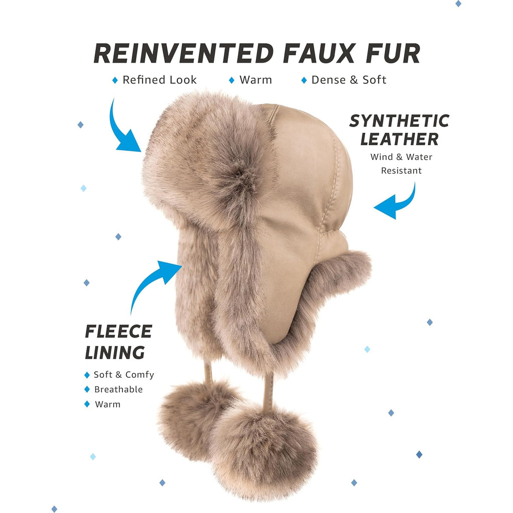 Futrzane Aviator Hat - Winter Trapper Hats for Women - Warm Russian Bomber Hat
