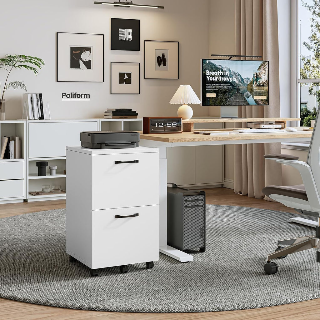 Dumos 2 Drawer Filing Cabinet, Rolling Under Desk Storage, White | Not For Hanging File Folders, Printer Stand, Lockable Wheels, Mobile Wood Home Office Organizer