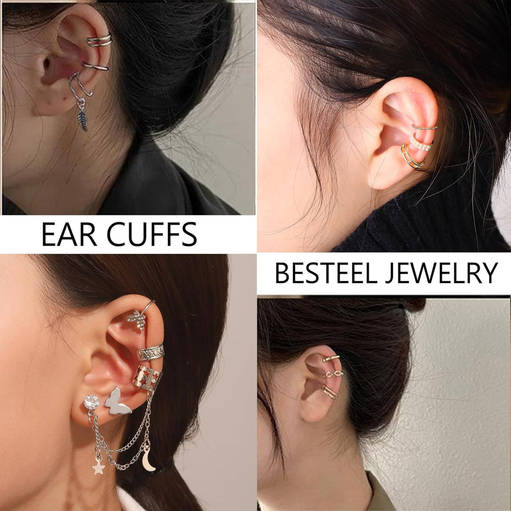 BESTEEL 66Pcs Ear Cuff Earrings for Women Non Piercing - 14K Gold Plated Ear Cuffs Adjustable Non Pierced Clip On Cartilage Conch Earring Stacks CZ Star Butterfly Ear Wraps Fake Piercings Earings Gift