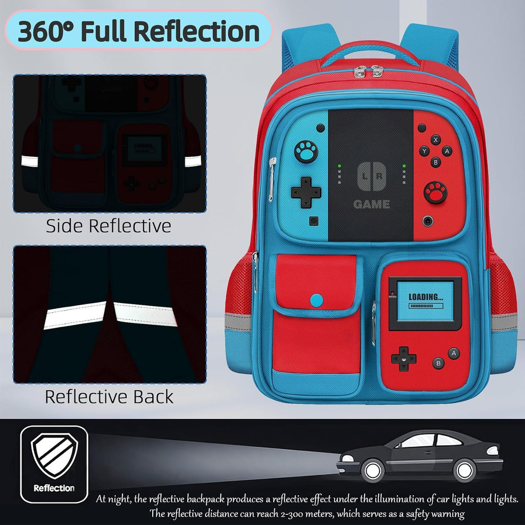 Kids Backpack For Boys - 3Pcs Gamer Boys Backpack With Lunch Box Set For Elementary Middle School - Students Bag For Ages 6-18,17″ Video Game Bookbag Travel Back Pack