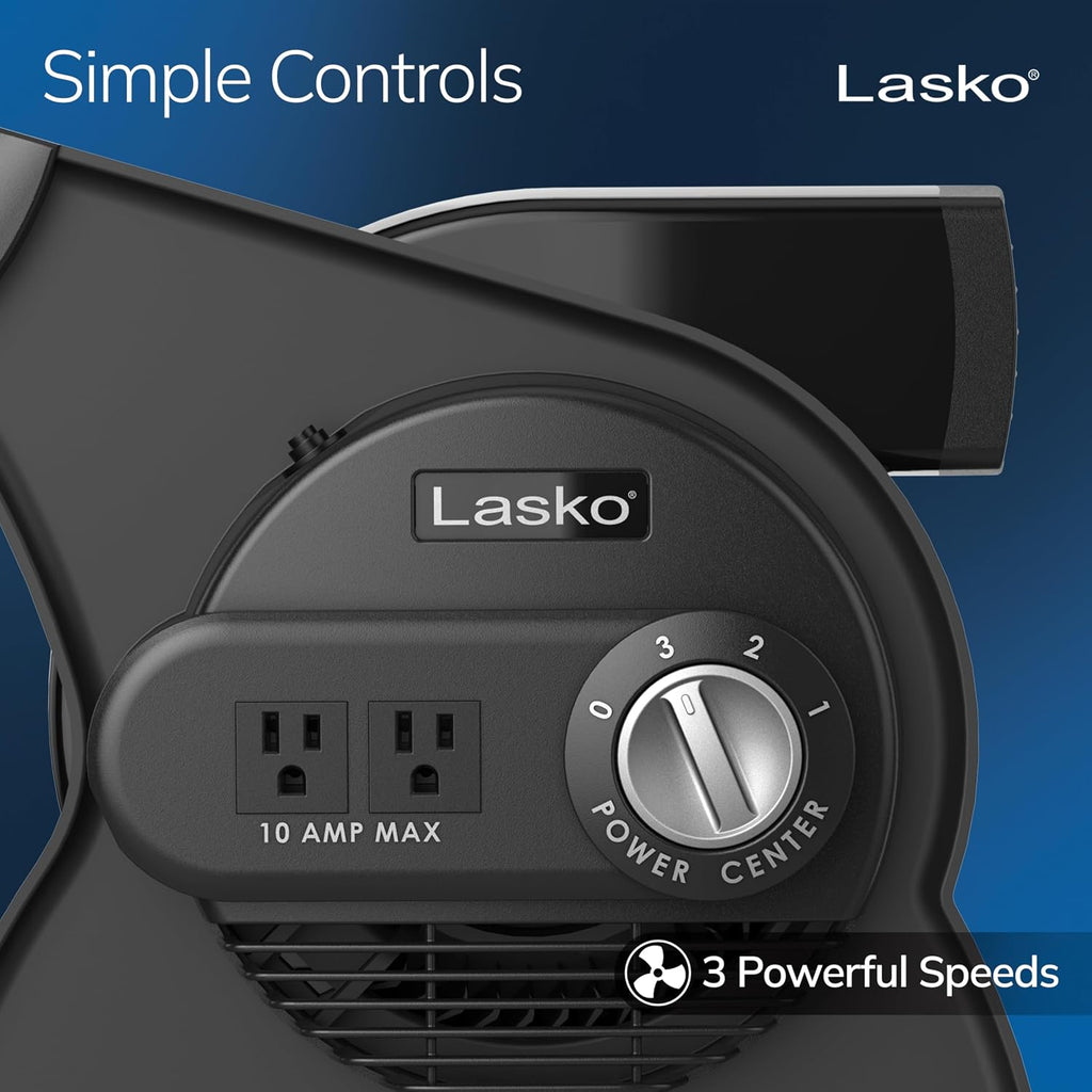 Lasko High Velocity Fan, 15", 375 Cfm, Professional Utility Pivoting Blower Fan With 3 Speeds, 2 Accessory Outlets, 120V, Black, Model U15617