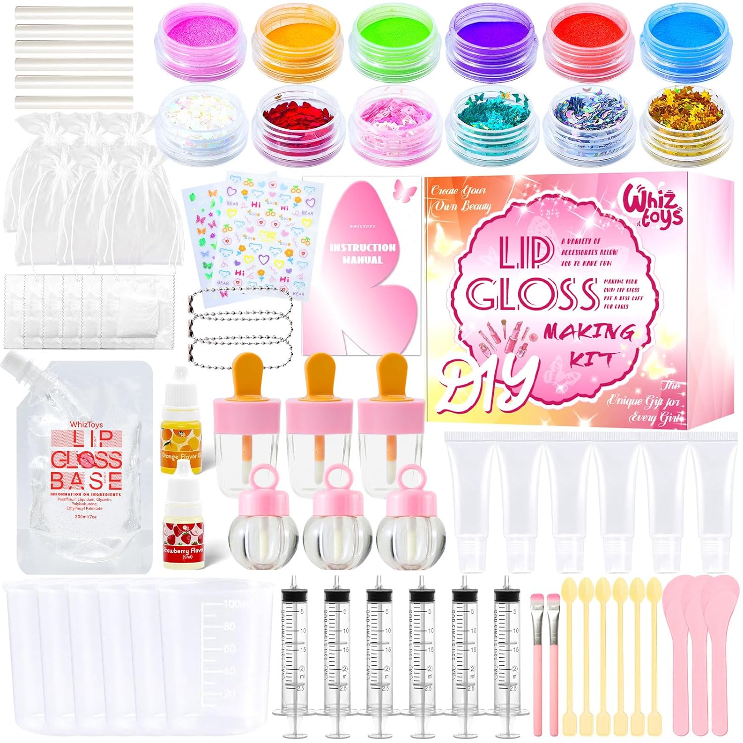 WhizToys 74PCS DIY Lip Gloss Making Kit，Make Your Own Lip Glosses Moisturizing DIY Lip Glaze Handmade Glittery Set for Teens Girls Women Makeup Lover Beginner Birthday Gift