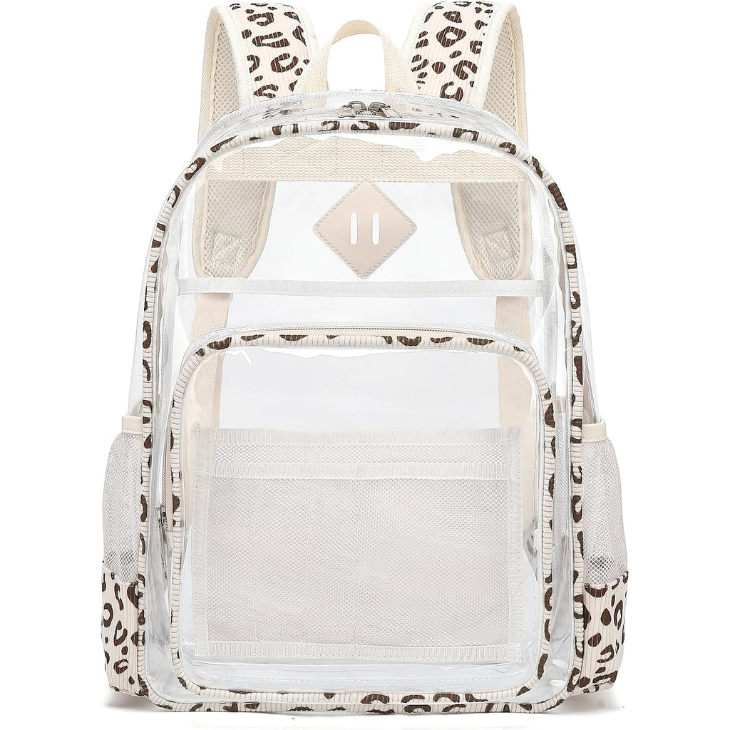 Clear Backpack For Girls Women School Bookbag Heavy Duty Transparent Backpacks (Beige Corduroy Leopard)