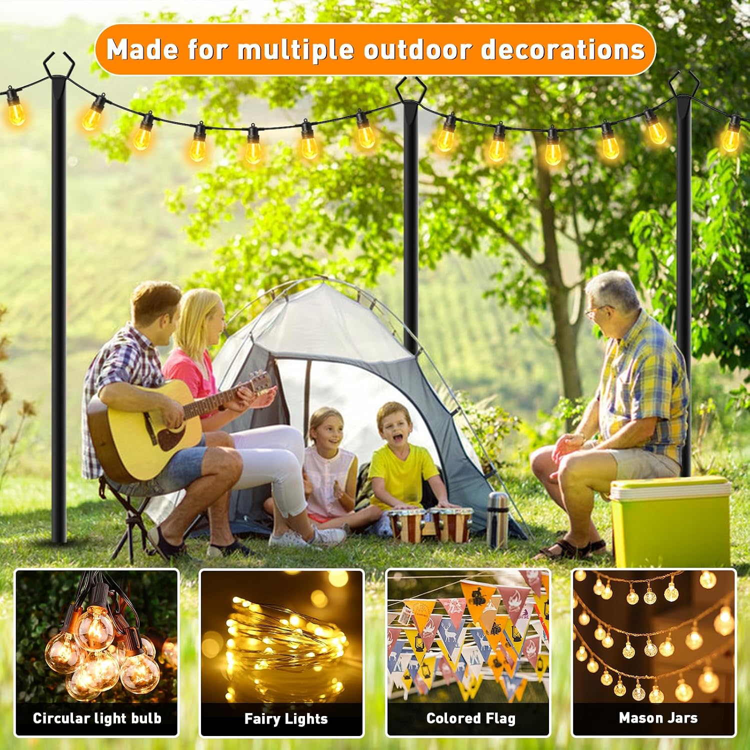 7 Pack 10 Ft String Light Poles,Metal With Fork Lights Poles For Outdoor String Light, Rustproof Heavy Duty For Outside Garden,Patio,Wedding,Backyard,Deck,Party
