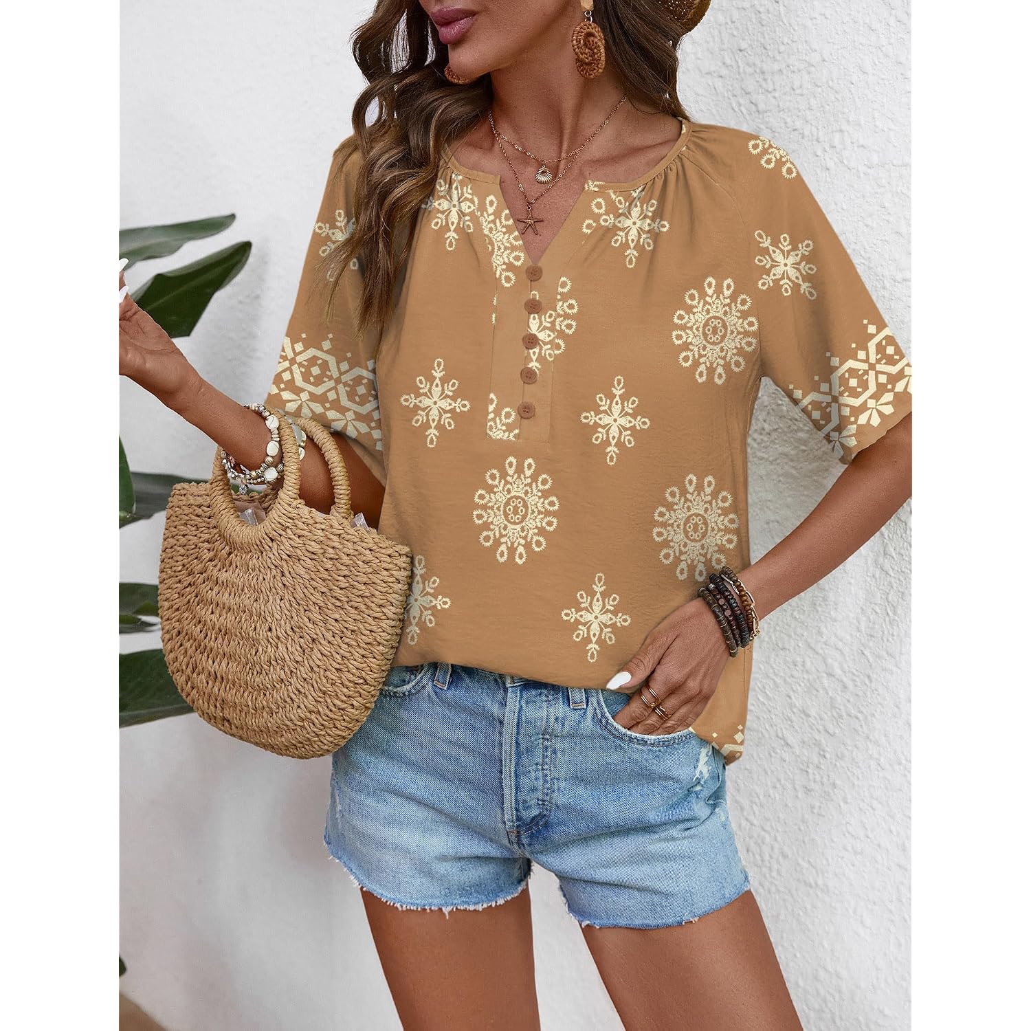 Rapbin Womens Summer Boho Tops Casual Short Sleeve Blouses Button Down Shirts 2026 Beach Vacation Clothes