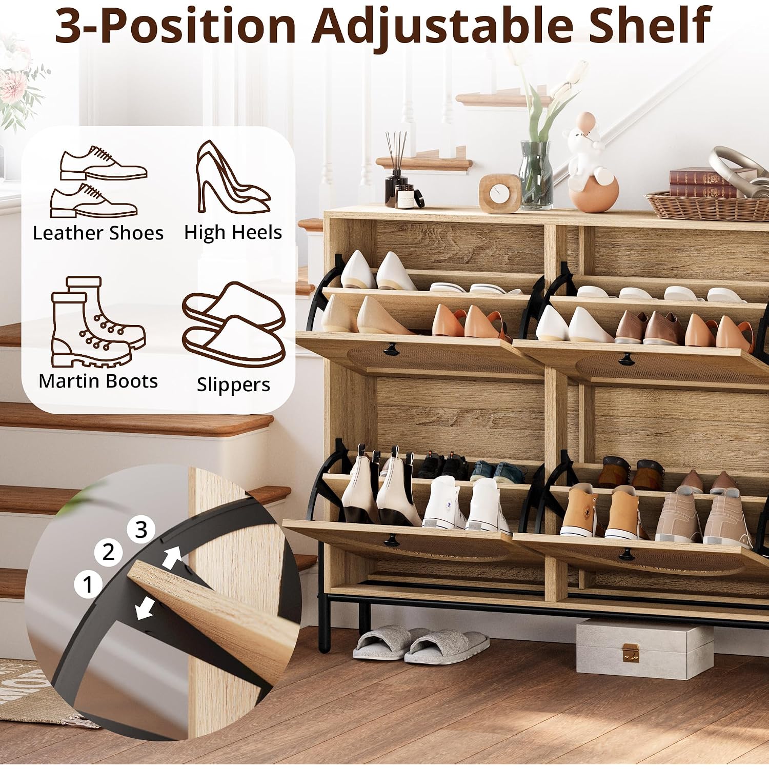 Ironck Rattan Shoe Cabinet Storage With 4 Flip Drawers, Freestanding Shoe Storage Organizer Cabinet For Entryway, Narrow Shoe Rack Cabinet, Oak
