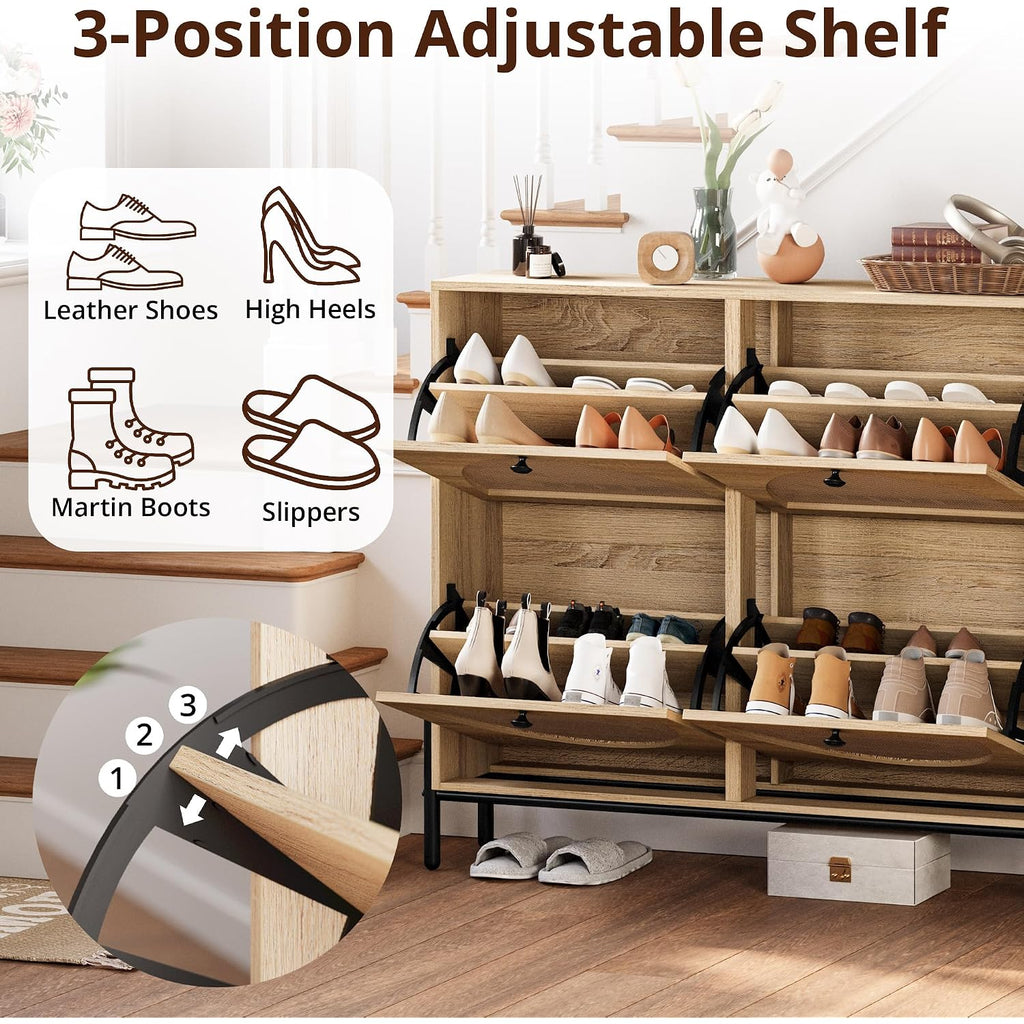 Ironck Rattan Shoe Cabinet Storage With 4 Flip Drawers, Freestanding Shoe Storage Organizer Cabinet For Entryway, Narrow Shoe Rack Cabinet, Oak