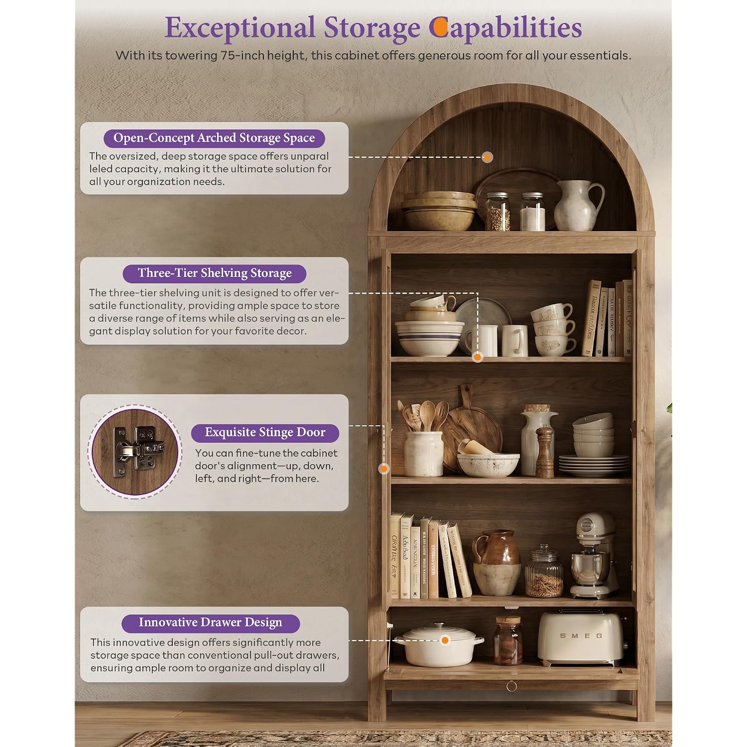71" Tall Arched Pantry Cabinet With Innovative Drawer, Kitchen Cabinet With Anti-Tipping Device And Glass Door, Versatile Cupboard For Kitchen, Dining, Natrual