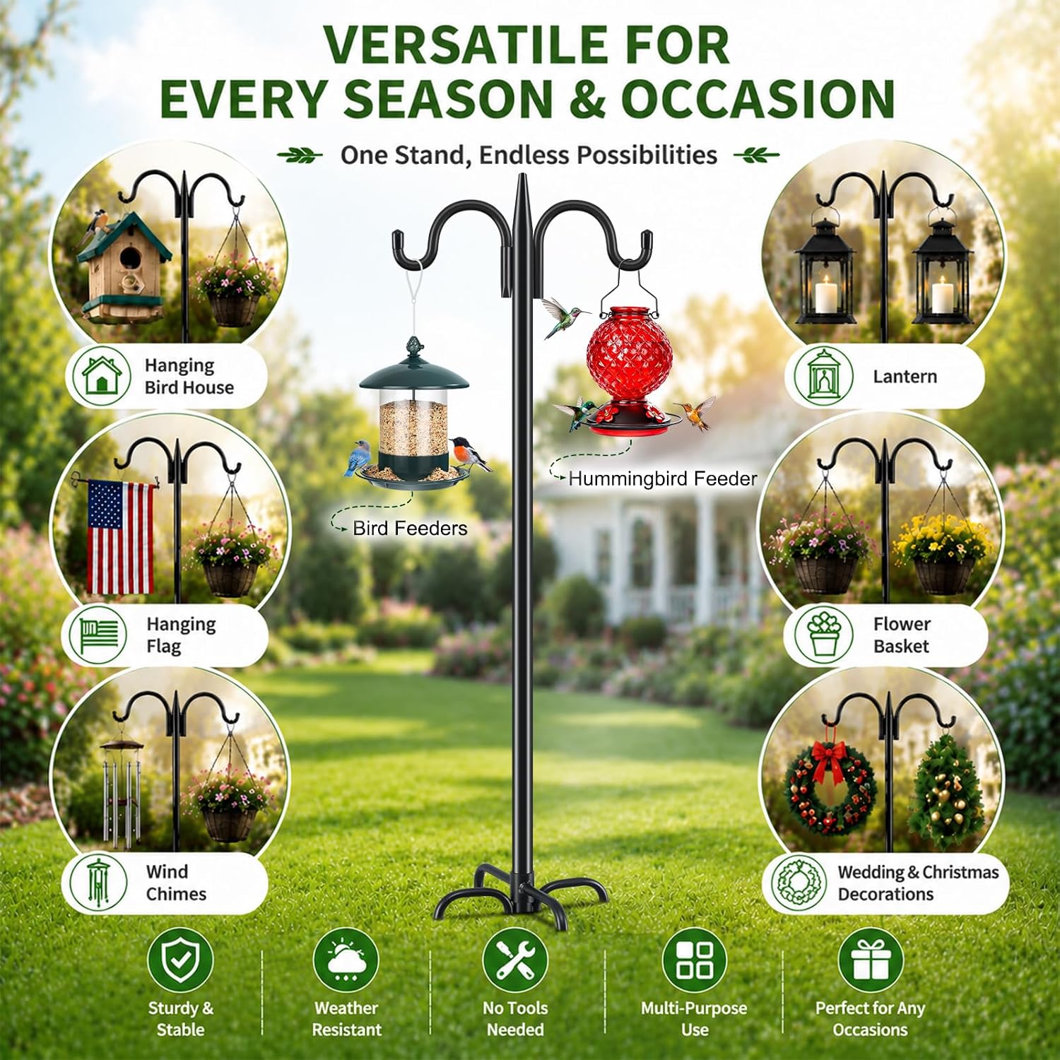 Bird Feeder Pole For Outdoors Heavy Duty, 92 Inch Double Shepherds Hook With 5-Prong Stable Base, 3/4 Inch Thick Hummingbird Feeder Stand For Hanging Plants, Lanterns, 1 Pack