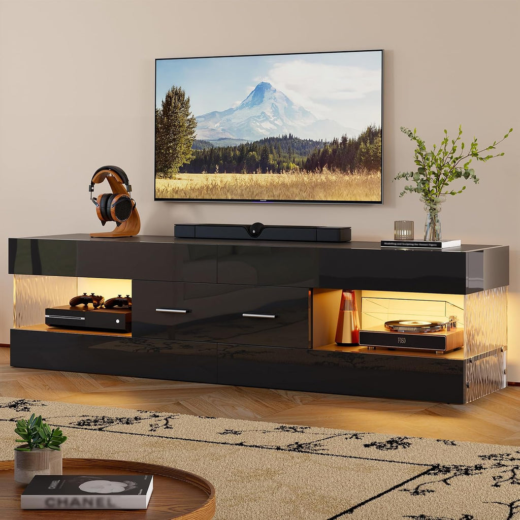 Bestier Black 60 Inch Modern Tv Stand, Led Entertainment Center With Drawer | Fits Up To 65 In Tv, High Gloss With Stone Pattern, Large Storage Drawer & Open Shelves, 7-Color Led Lights For Living Room