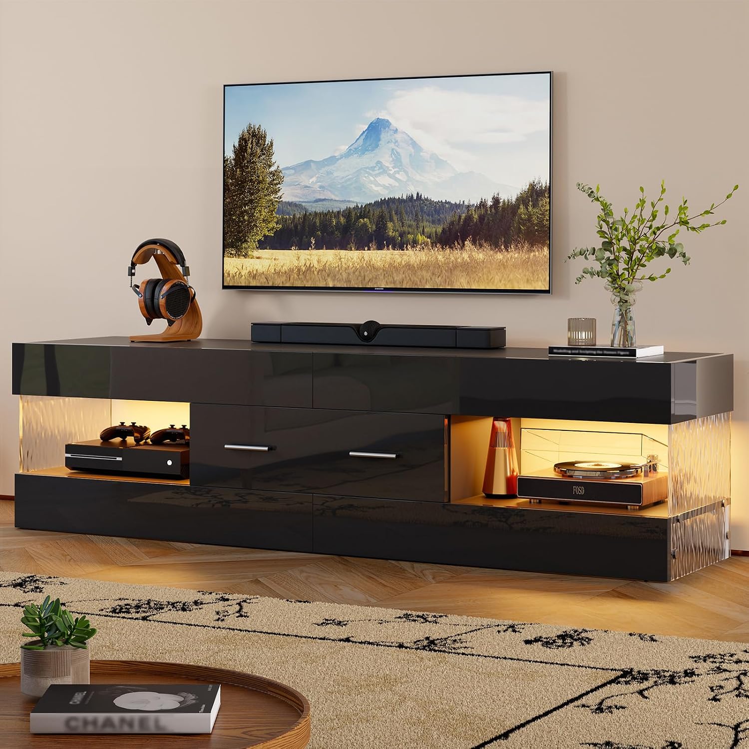 Bestier Black 60 Inch Modern Tv Stand, Led Entertainment Center With Drawer | Fits Up To 65 In Tv, High Gloss With Stone Pattern, Large Storage Drawer & Open Shelves, 7-Color Led Lights For Living Room