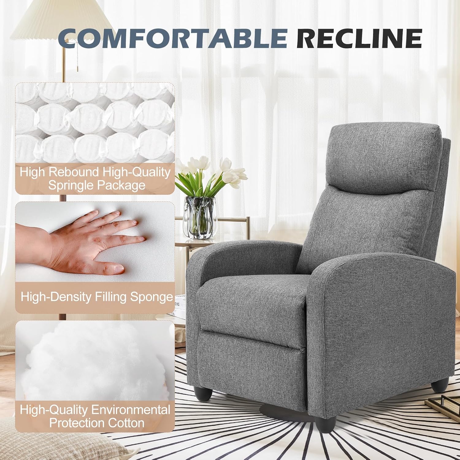 Sweetcrispy Massage Recliner Chair For Adults, Adjustable Home Theater Seating With Lumbar Support For Living Room, Modern Fabric Reclining For Small Space, Grey