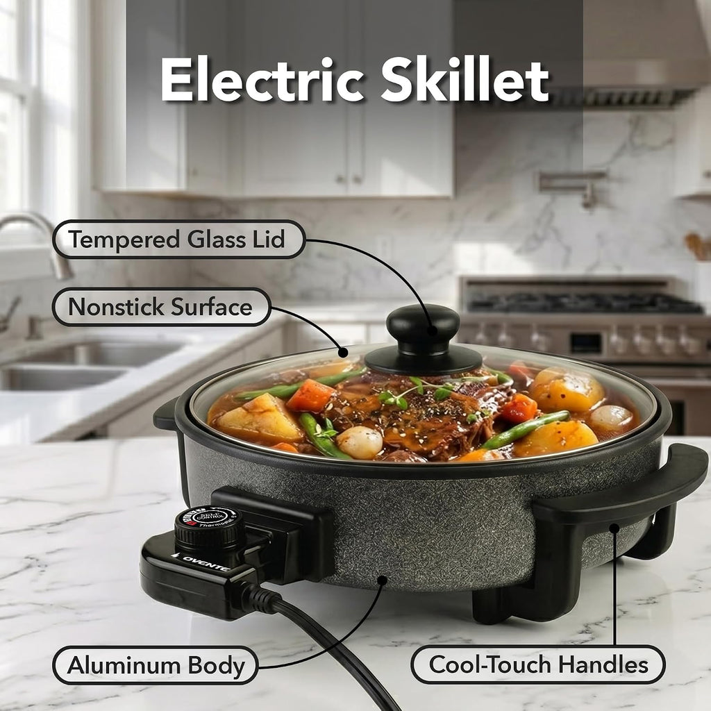 Ovente 11.5-Inch Electric Skillet & Frying Pan, 1400W Nonstick Cooking Pan With Adjustable Temperature Control, Tempered Glass Lid With Steam Vent, Cool-Touch Handles, Easy-Clean Black Sk11112B