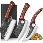 Topfeel 3PCS Butcher Knife Set, Hand Forged Serbian Chef Knives & Meat Cleaver & Viking Knives, Meat Cutting Kitchen Knife Set for Home, Outdoor Cooking, Camping BBQ Gift Idea Men