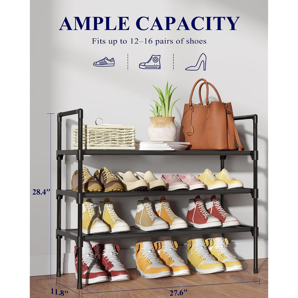 Kitsure Shoe Rack - 3-Tier Shoe Organizer, Shoe Rack For Closet, Entryway, Bedroom, Easy- Assembly Storage Shelf With Side Handles, 27.6" Wide - 3 Tiers, Black