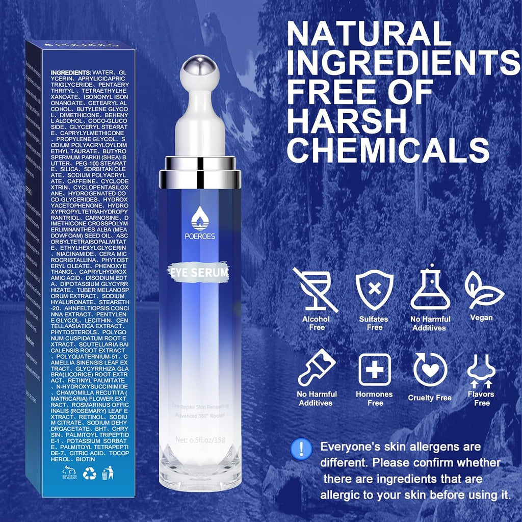 Eye Serum With 8% Caffeine & 8% Retinol, Under Eye Cream With Hyaluronic Acid, Niacinamide & Peptides, 360° Cooling Roller For Dark Circles, Puffiness, Fine Lines & Wrinkles, 0.5 Fl Oz
