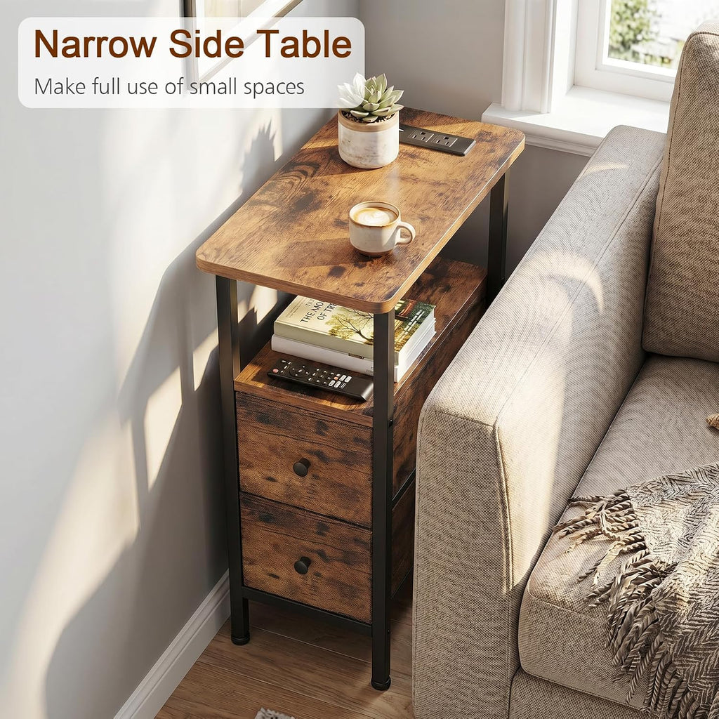 Narrow Nightstand With Charging Station, End Tables Living Room Set Of 2, Skinny Side Table With Fabric Drawers, Slim Sofa Table For Bedroom, Small Spaces, Couch, Rustic Brown, Hetndp02Pbr