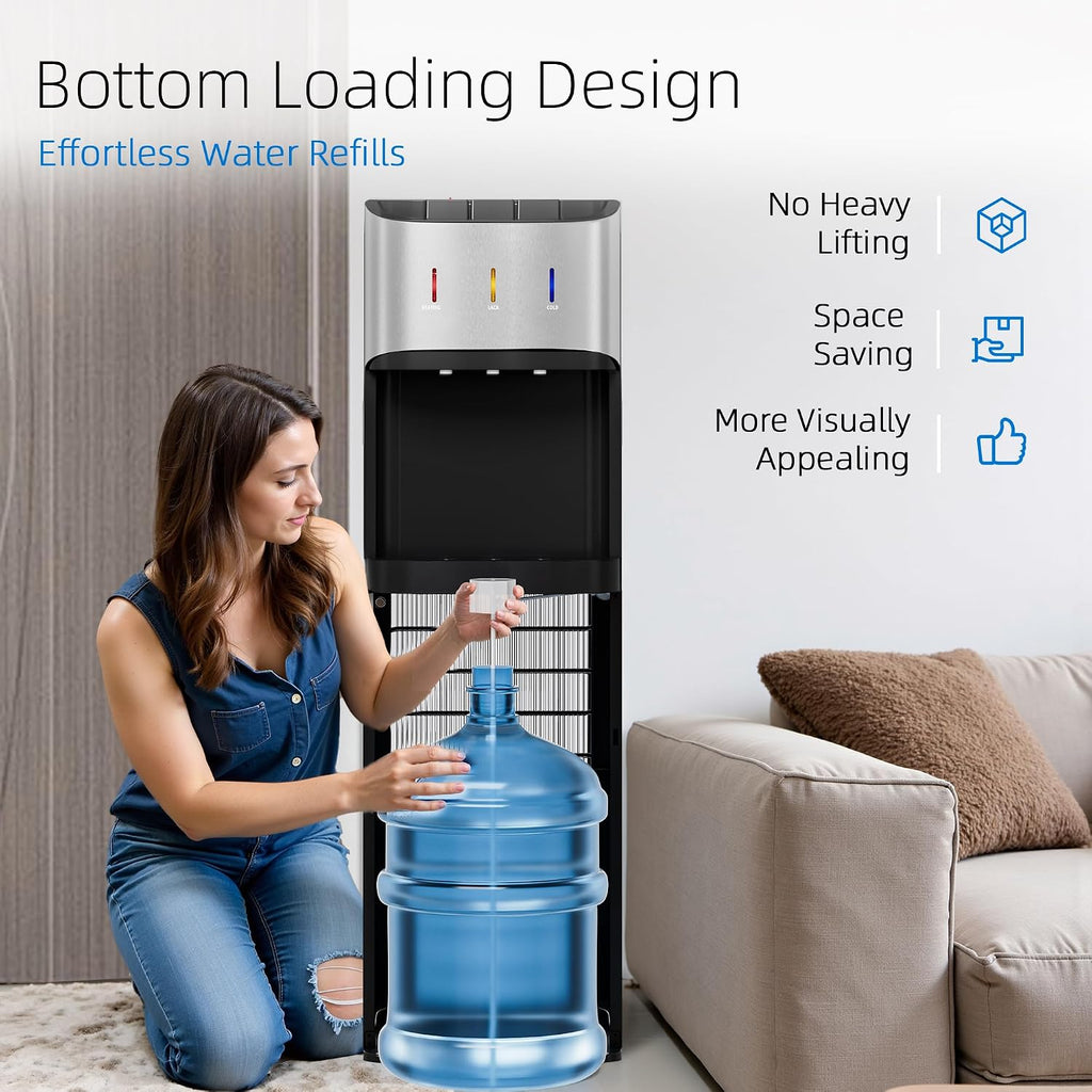 Bottom Loading Water Cooler Dispenser For 3-5 Gallon Bottles, 3 Temperature - Hot, Cold & Room Water With Child Lock, Ideal Design For Home & Office, Satin Silver