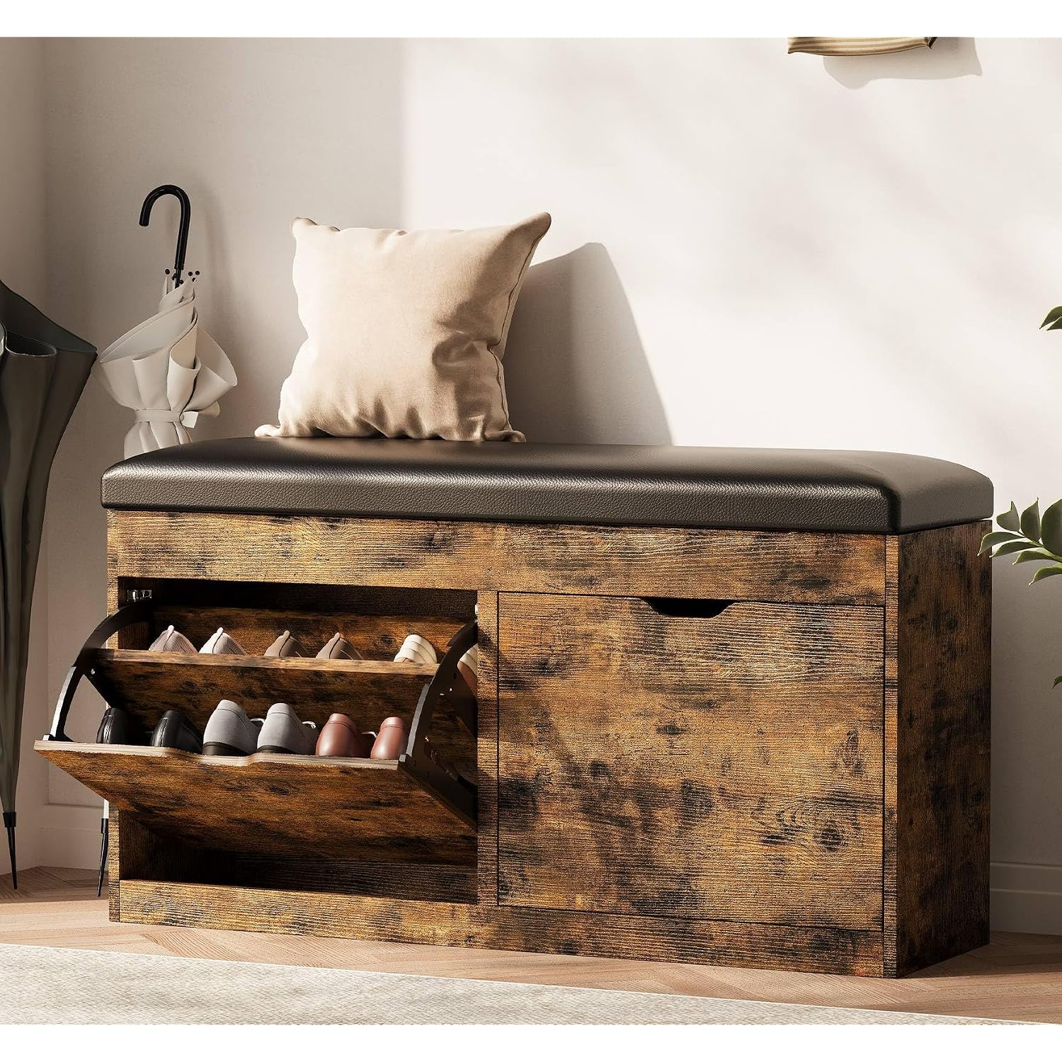 40" Shoe Storage Bench With 2 Flip Drawers & Padded Seat Cushion, Shoe Cabinet With Lift Top Storage Box, Shoe Bench Shoe Organizer For Entryway, Hallway, Living Room, Vintage Brown