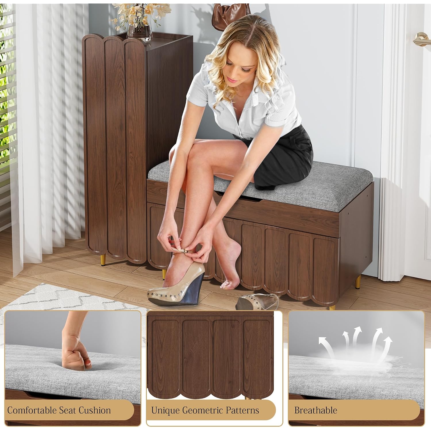 3More Shoe Organizer Cabinet,Entryway Bench With Adjustable Shelves And Cushioned Seat,Unique L-Shaped Bench Cabinet For Entryway, Hallway, Living Room