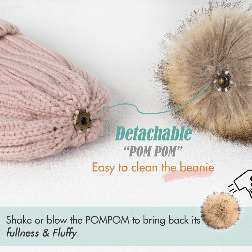 Furtalk Womens Winter Beanie Hat Satin Lined Faux Fur Pom Pom Beanies Hat For Women Winter Warm Knit Hats