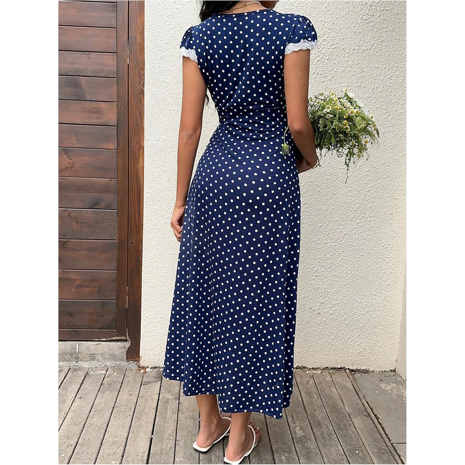 Milumia Women'S Polka Dots Lace Trim Deep V Neck Dress Short Sleeve Flared Long Dresses