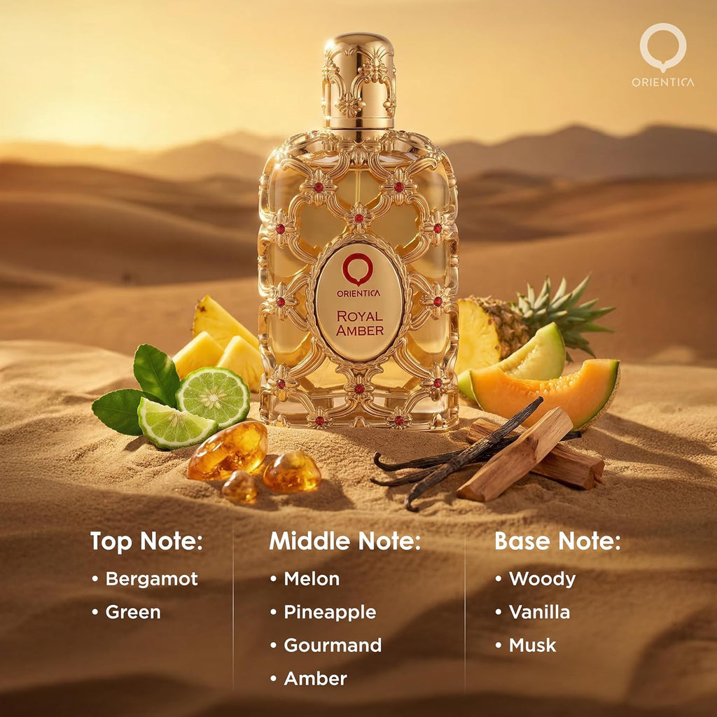 Orientica Luxury Collection Royal Amber Eau De Parfum - Bergamot, Melon, Pineapple, Fruity, Gourmand, Amber, Woody, Vanilla, Musk - Arabic Perfume for Woman & Man - 2.7oz / 80ml