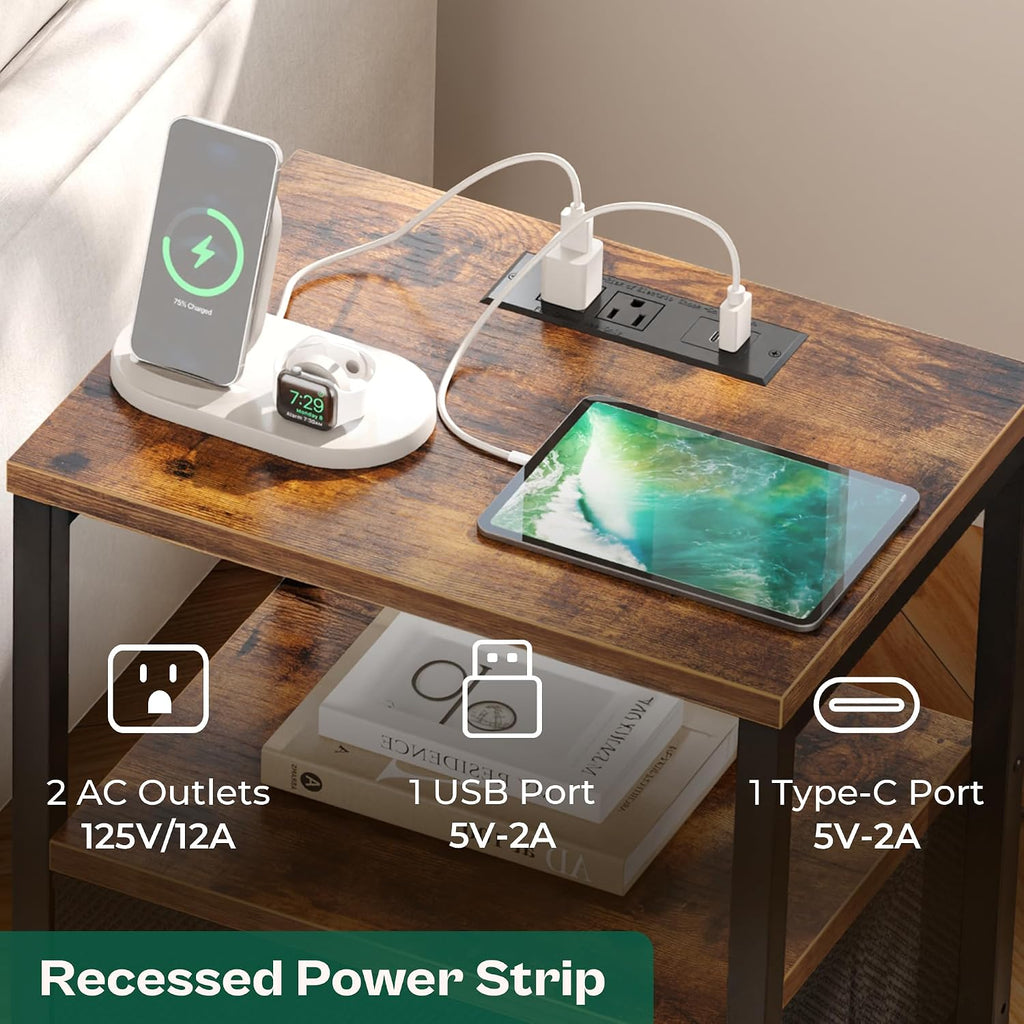Huuger Nightstand With Charging Station, Side Table With Fabric Drawers, End Table With Open Shelf, Bedside Table With Usb Ports And Outlets, Night Stand For Bedroom, Rustic Brown And Black