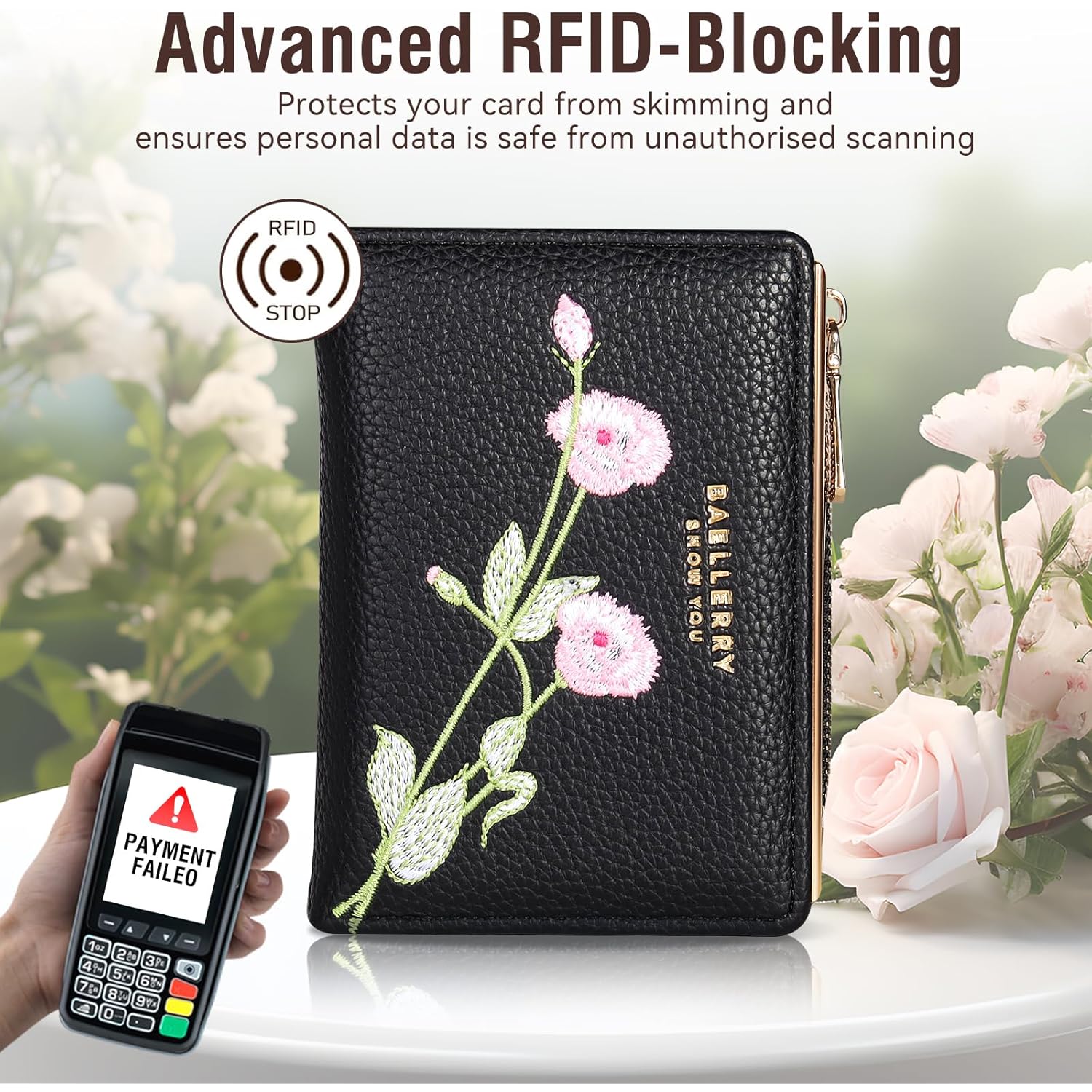 Small Wallet for Women -Bifold Embroidery Flower Wallet RFID Blocking PU Leather with Zipper Pocket for women girls(Black)
