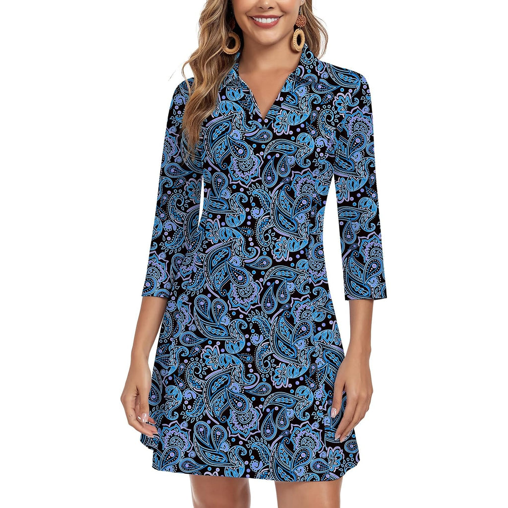 Woweny 3/4 Sleeve Dress For Women With Pockets V Neck Upf 50+ Casual Sun Dress Breathable Quick Dry Beach Vacation