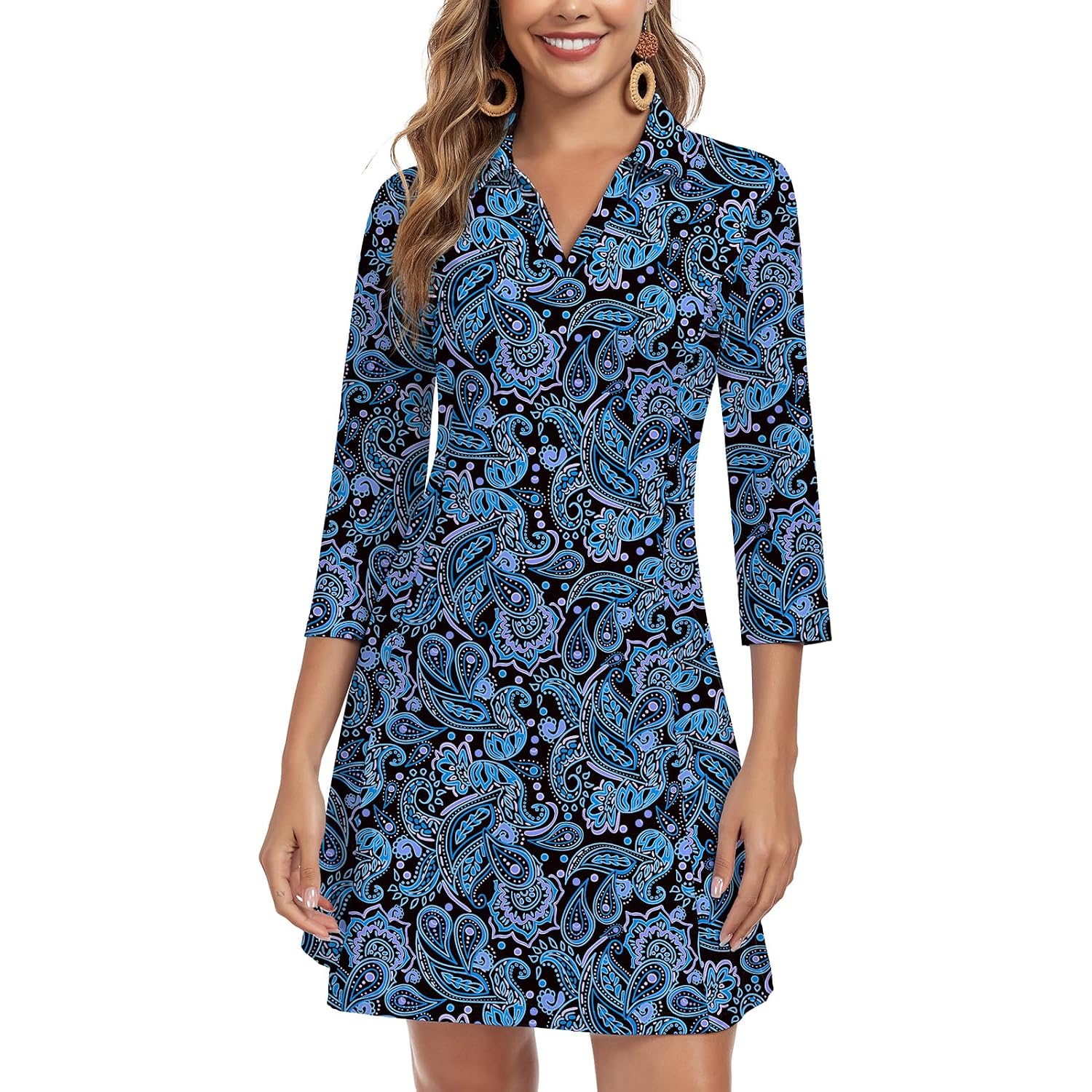 Woweny 3/4 Sleeve Dress For Women With Pockets V Neck Upf 50+ Casual Sun Dress Breathable Quick Dry Beach Vacation