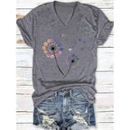 Womens Vintage Flowers V Neck Shirt Boho Floral Wildflowers Graphic Tee Casual Short Sleeve T Shirt