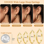 EXGOX 5mm Wide Gold Hoop Earrings for Women,Sterling Silver Hoop Earrings Large Silver Hoop Earrings Hypoallergenic Lightweight 14K Real Gold Plated Big Hoop Earrings for Women 30/40/50/60/70mm