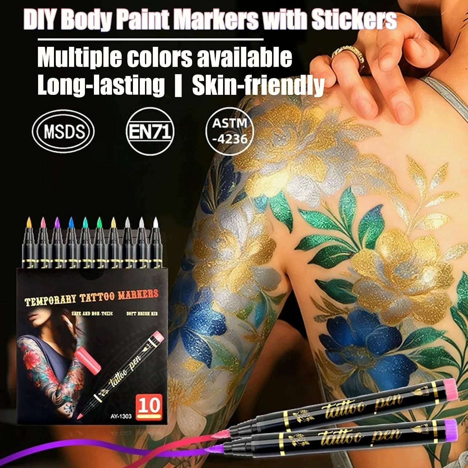 10 Colors Metallic Body Paint Markers , Temporary Tattoo Markers With 4 Stencil Sheets, Waterproof Quick Dry Washable Skin Safe Face Paint Pens, For Halloween, Easter, Christmas & Festivals