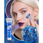 6PCS Blue Face Body Glitter Gel，Holographic Chunky Sequins Body Glitter Paint for Party Singer Concerts Music Festival Rave Accessories for Girls Women Face Body DIY Sparkling Makeup
