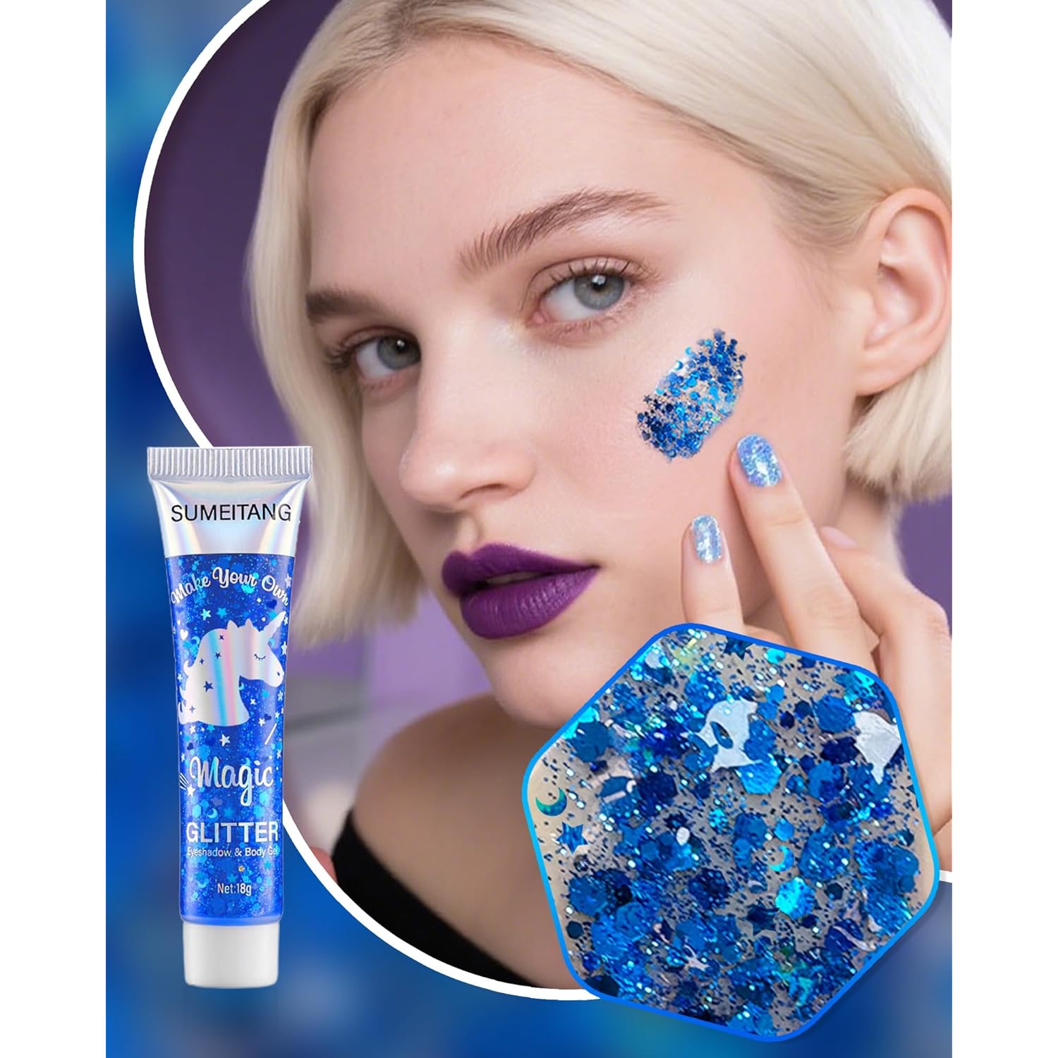 6PCS Blue Face Body Glitter Gel，Holographic Chunky Sequins Body Glitter Paint for Party Singer Concerts Music Festival Rave Accessories for Girls Women Face Body DIY Sparkling Makeup