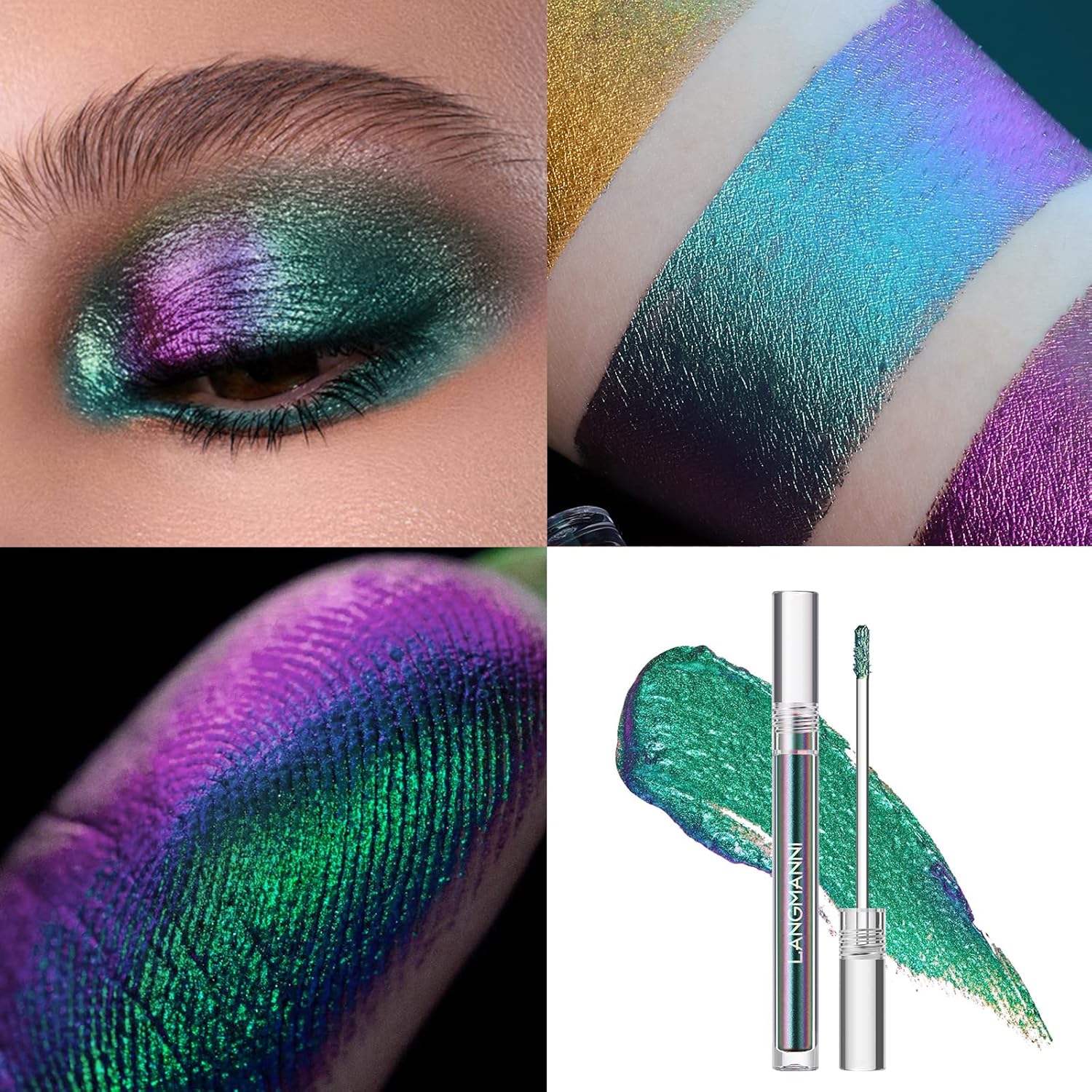 Metallic Liquid Chameleon Eyeshadow, Multi-Dimensional Eye Looks, Long-lasting Holographic Glitter Multichrome Eyeshadows Makeup (#Peacock+Wonder+Ember)