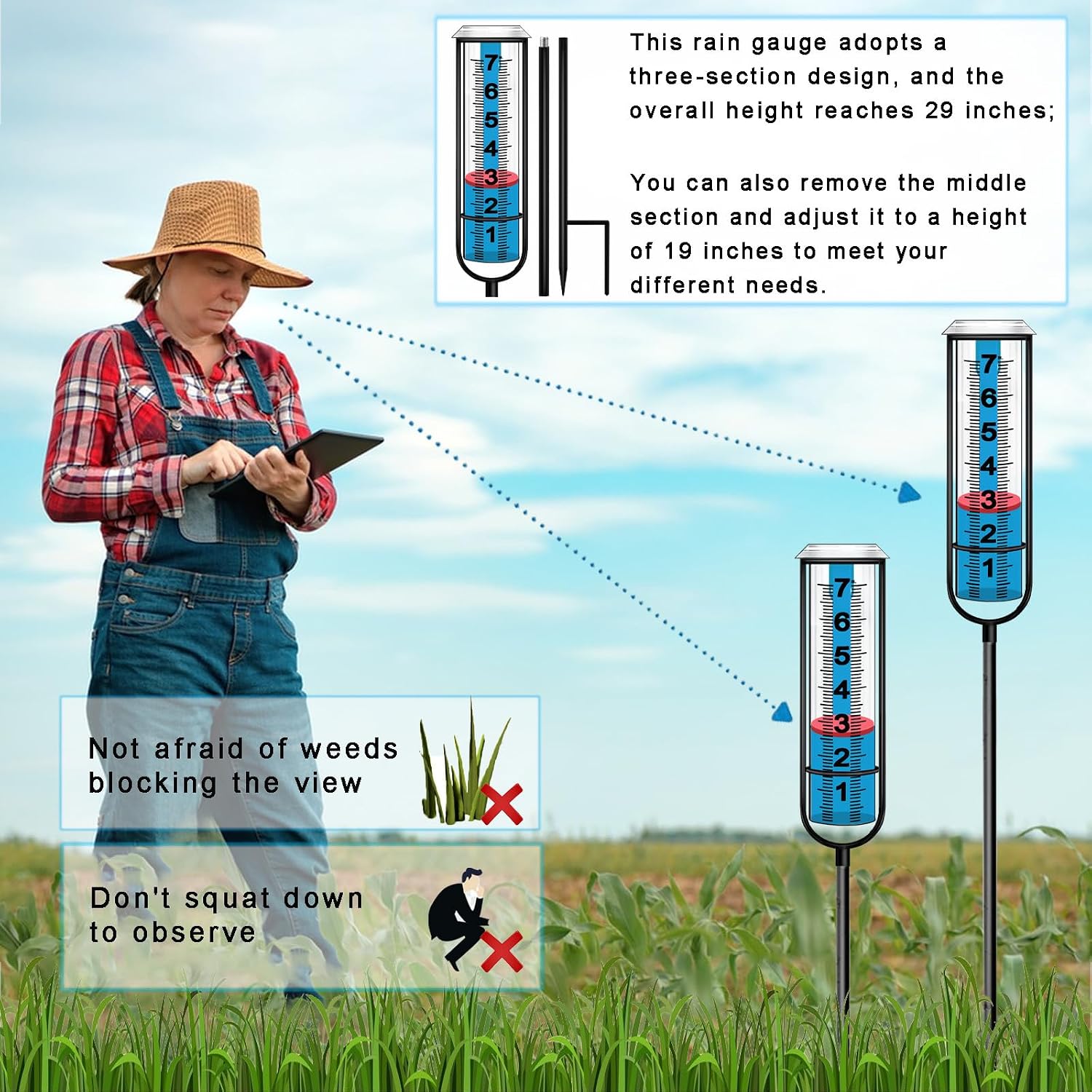 Jmbay Rain Gauge Outdoor, Accurate Rain Gauges Outdoors Best Rated, Tall Rain Gauge For Yard With Stake, Decorative Rain Measure Gauge For Garden, Deck, Lawn With Red Floating Buoy, Adjustable Height