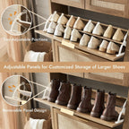 Rattan Shoe Storage Cabinet With 2 Drawers & 2 Flip Drawers – Hidden Slim Shoe Organizer For Entryway, Large Tabletop Space, Farmhouse Boho Narrow Shoe Rack, Rustic Oak