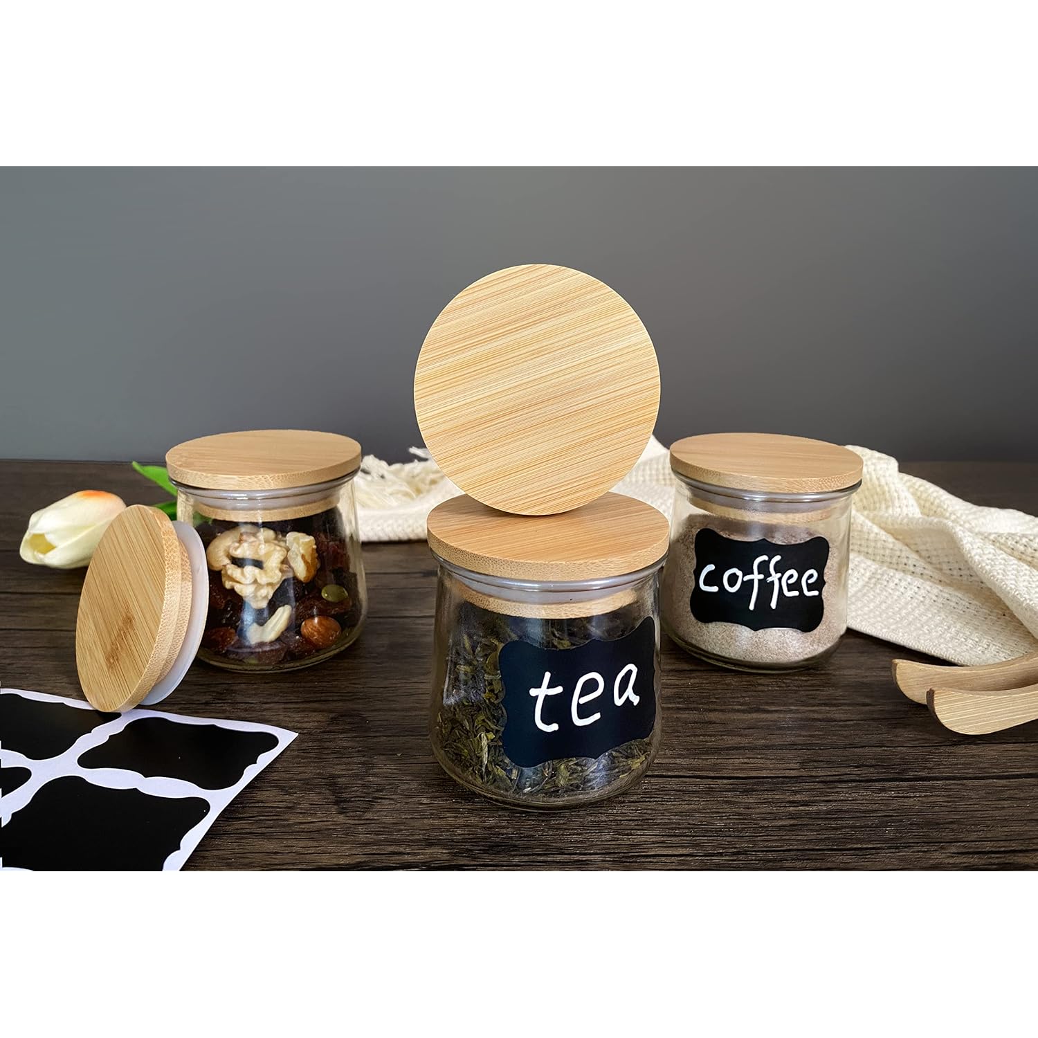 Oui Yogurt Jar Lids - 8 Pack Oui Lids-Natural Bamboo Wood with Silicone Sealing Rings and Oui Yogurt Bottle Label, For 5 Oz Oui Yogurt Jars