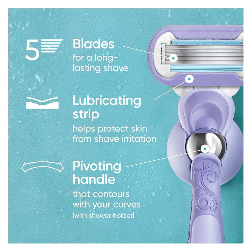 Gillette Venus Extra Smooth Contour Razor for Women, Includes 1 Reusable Razor Handle + 4 Count 5-Bladed Razor Refills, Women's Razor with Flexiball Pivoting Handle and Shower Holder