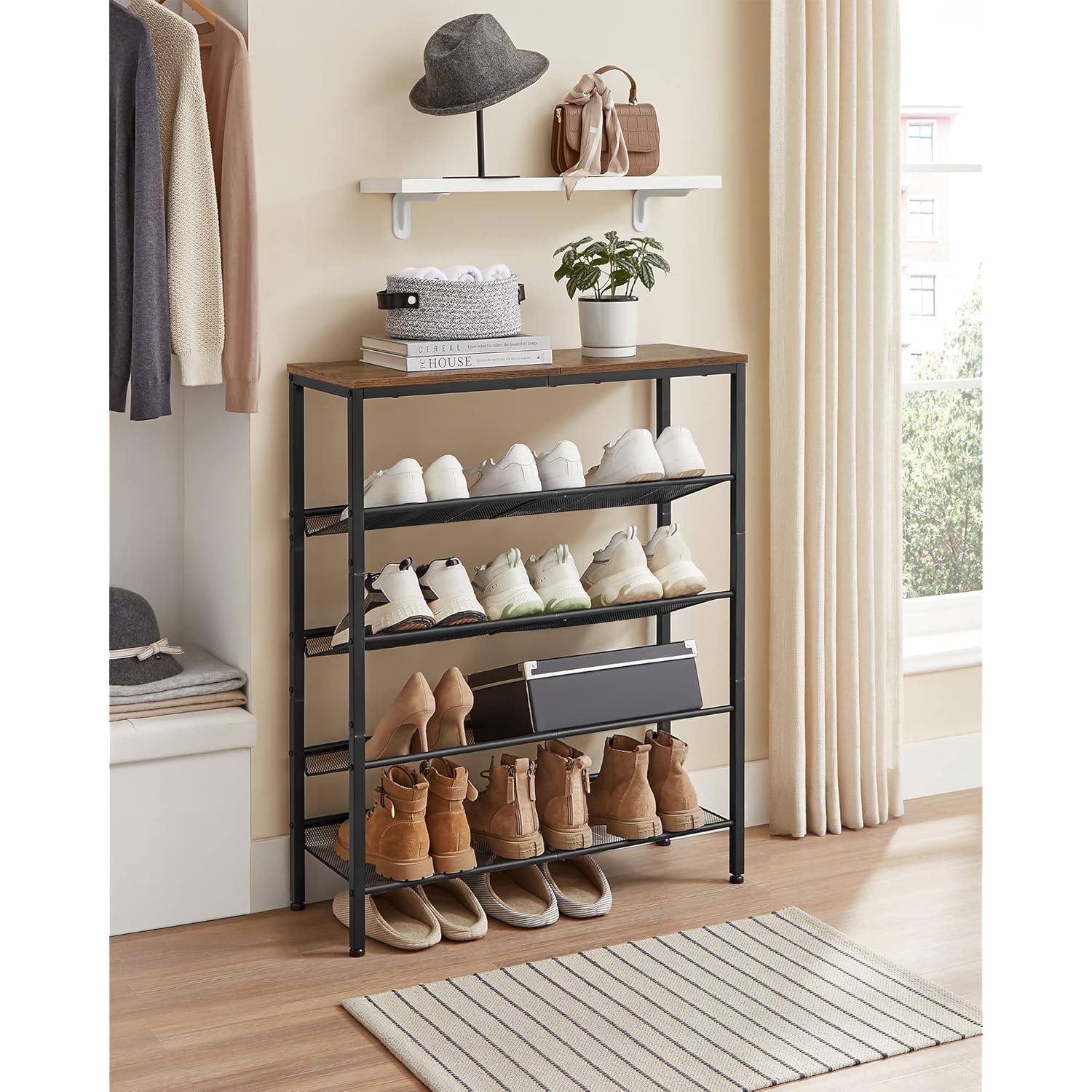VASAGLE Shoe Rack for Entryway, 5-Tier Shoe Rack Organizer with Storage Shelves and Spacious Top, Freestanding, Adjustable, Industrial, Rustic Brown and Ink Black ULBS038B01