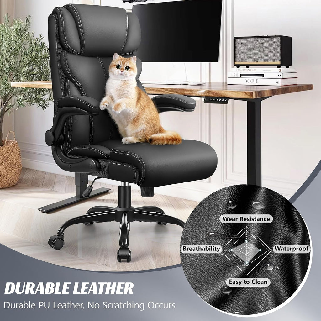 Office Chair, Ergonomic Big And Tall Computer Desk Chairs, Executive Breathable Leather Chair With Adjustable Flip-Up Armrests, Lumbar Support Swivel Pc Chair With Rocking Function,Matte Black