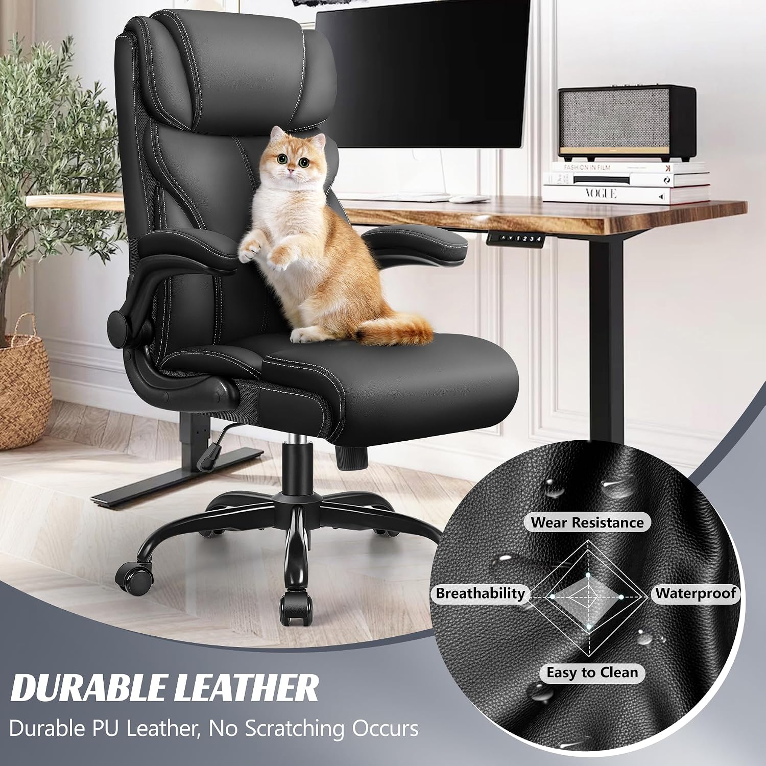 Office Chair, Ergonomic Big And Tall Computer Desk Chairs, Executive Breathable Leather Chair With Adjustable Flip-Up Armrests, Lumbar Support Swivel Pc Chair With Rocking Function,Matte Black