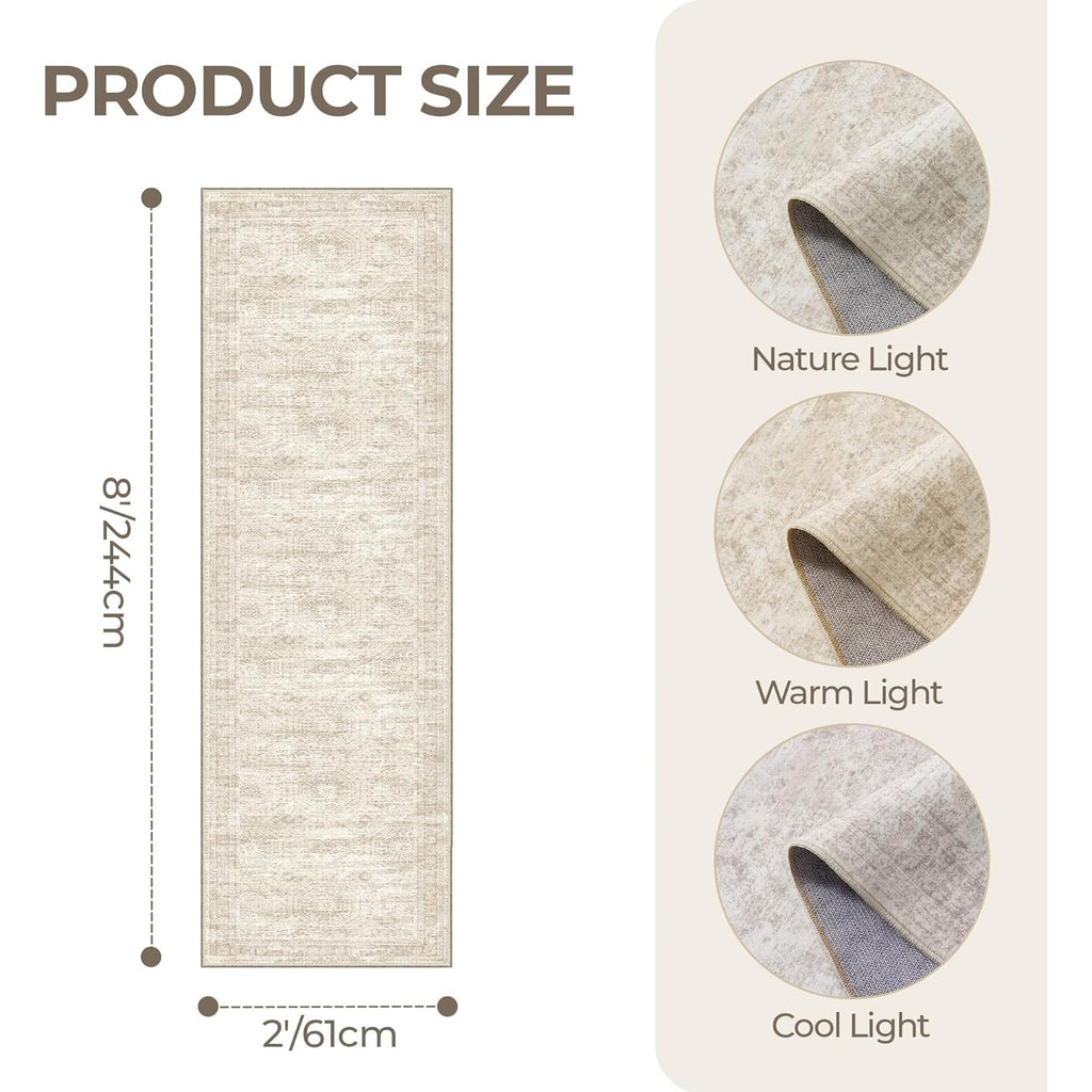 Rug Runners for Hallways Non Slip - 2x8 Runner Rug for Bedroom, Washable Runner with Rubber Backing, Soft Low-Pile Carpet for Kitchen, Laundry, Bathroom (2'x8', Beige/Ivory)