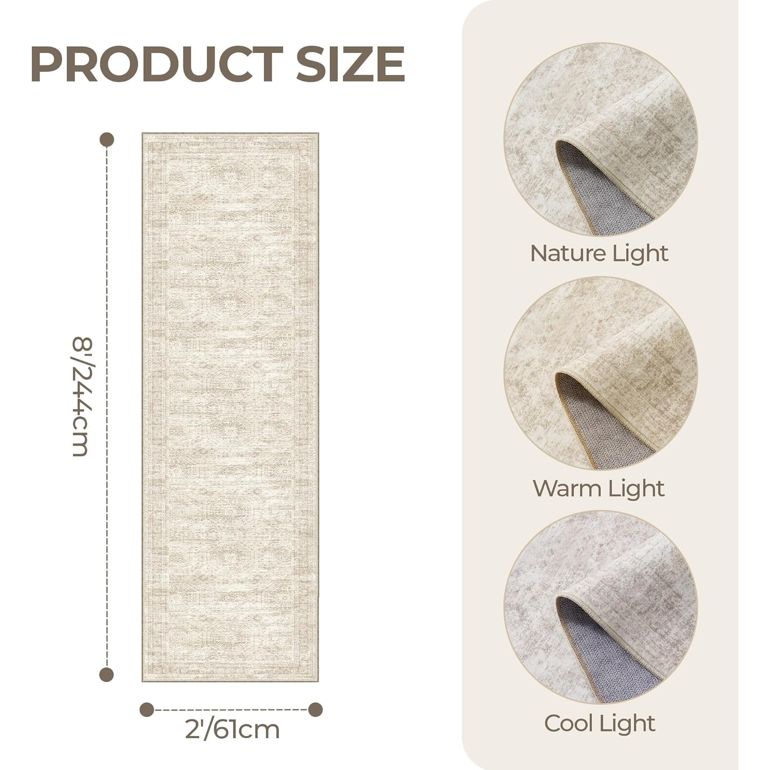 Rug Runners for Hallways Non Slip - 2x8 Runner Rug for Bedroom, Washable Runner with Rubber Backing, Soft Low-Pile Carpet for Kitchen, Laundry, Bathroom (2'x8', Beige/Ivory)